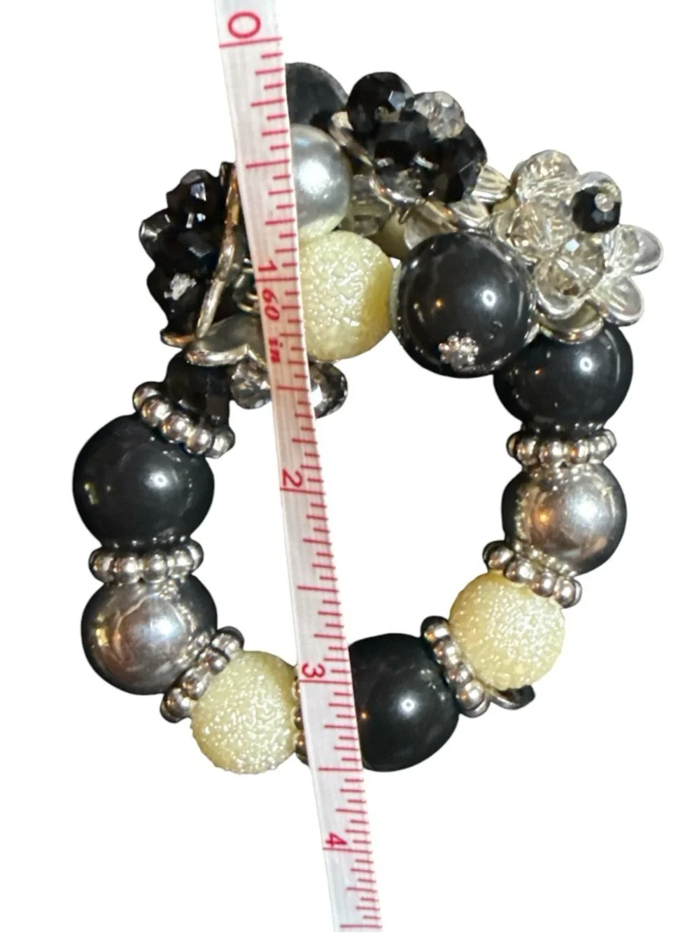 Boutique Chunky Black & Ivory Stretch Statement Bracelet Faux Pearl Crystal EUC